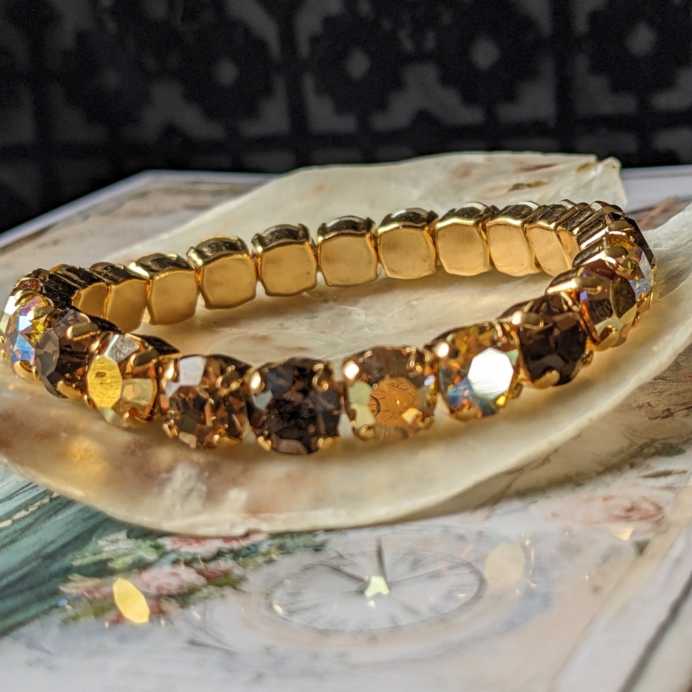 Smoky Topaz In Swarovski Crystals Stretchy Bracelet in Gold Plated